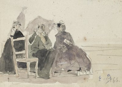 Three Women Seated on Chairs on a Beach by Eugene Louis Boudin